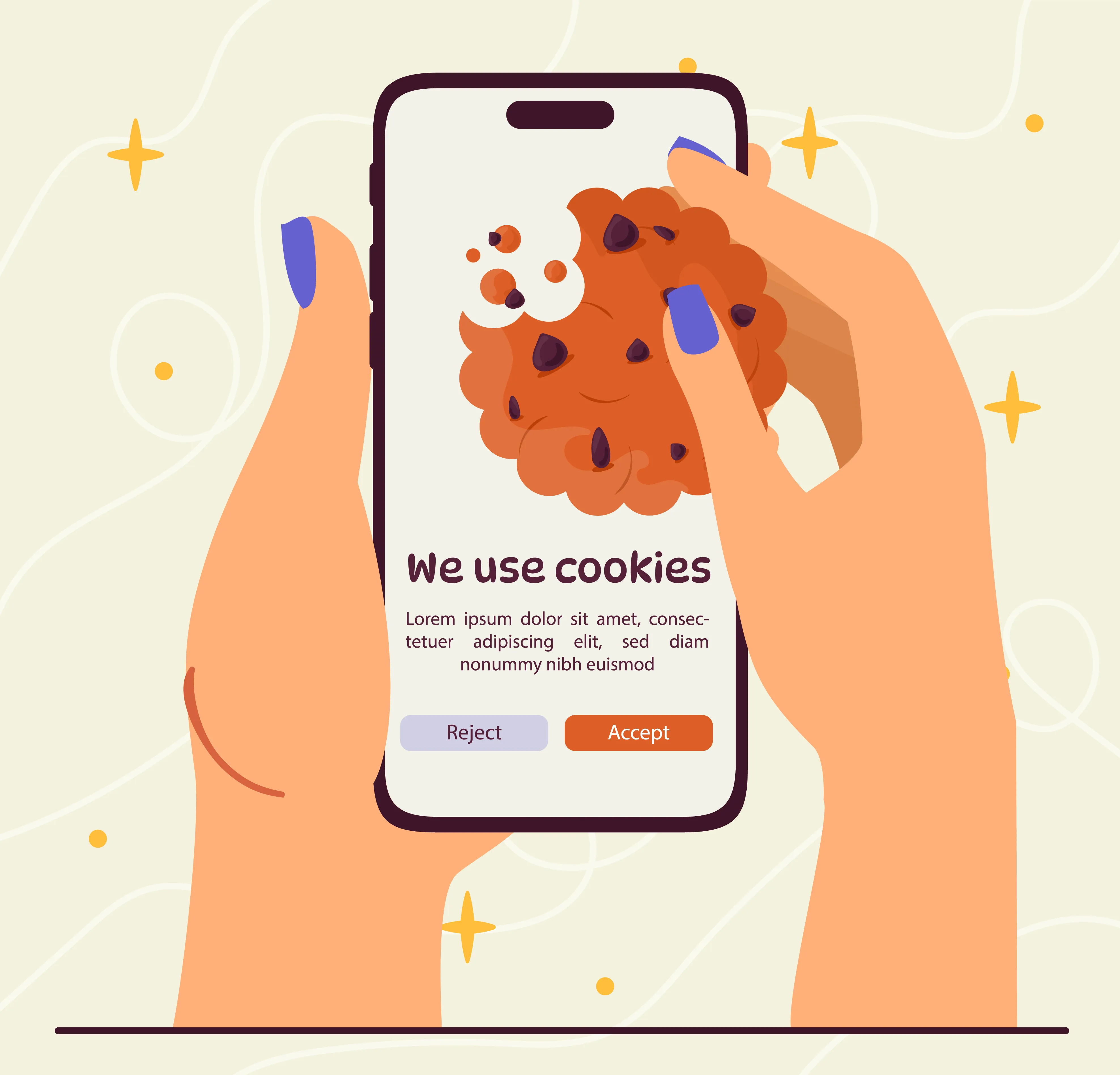 illusatrsasjon av en mobil med en kjeks på, med refereasne til "cookies" som i informasjonskapsler.