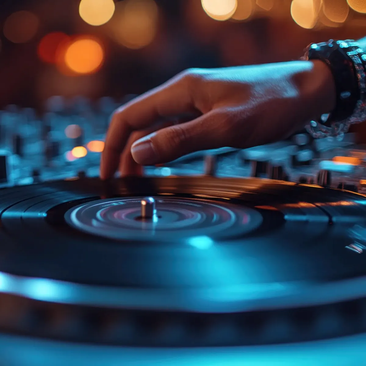 En hånd på en platespiller med diffus bakgrunn