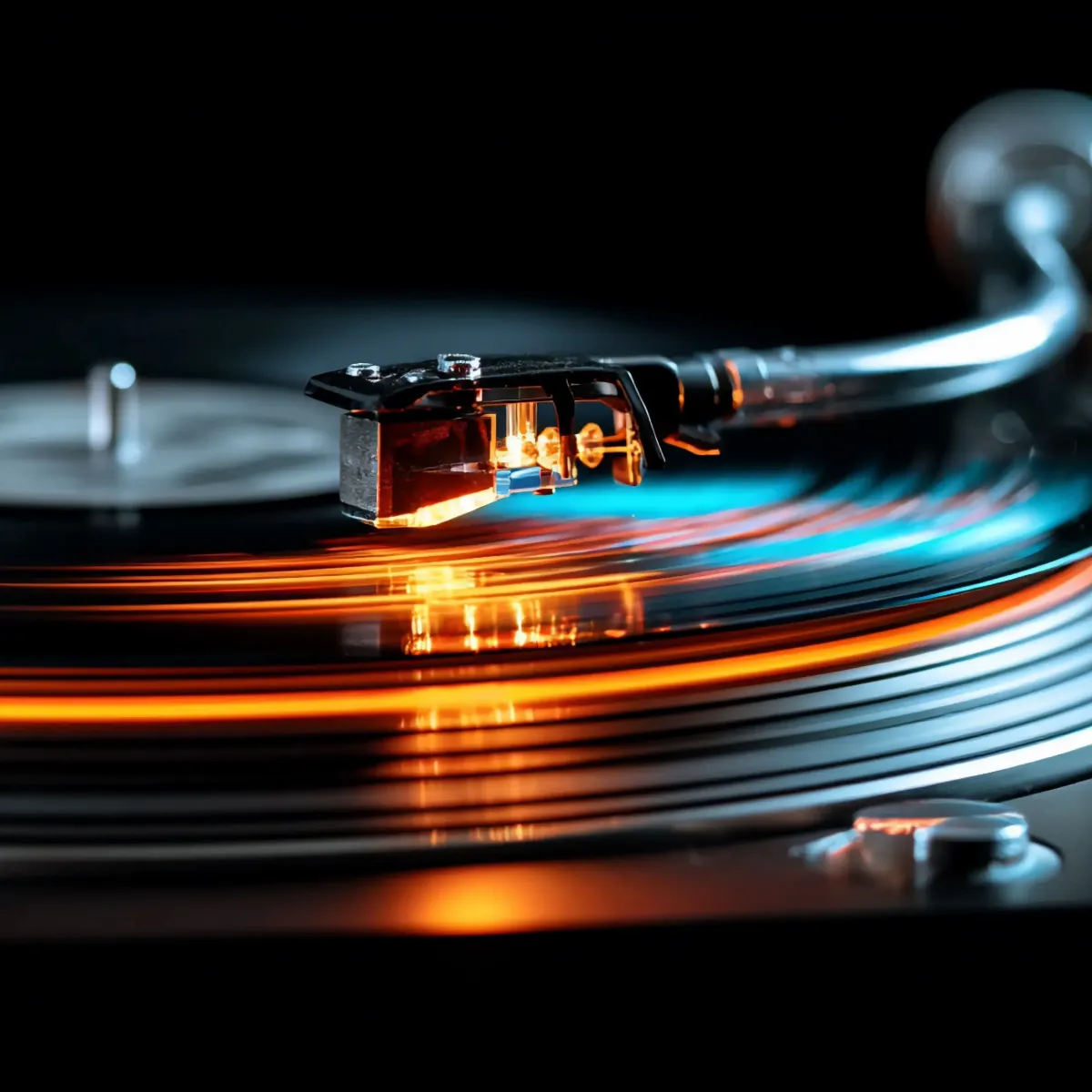 Nærbilde av platespiller med mørk bakgrunn