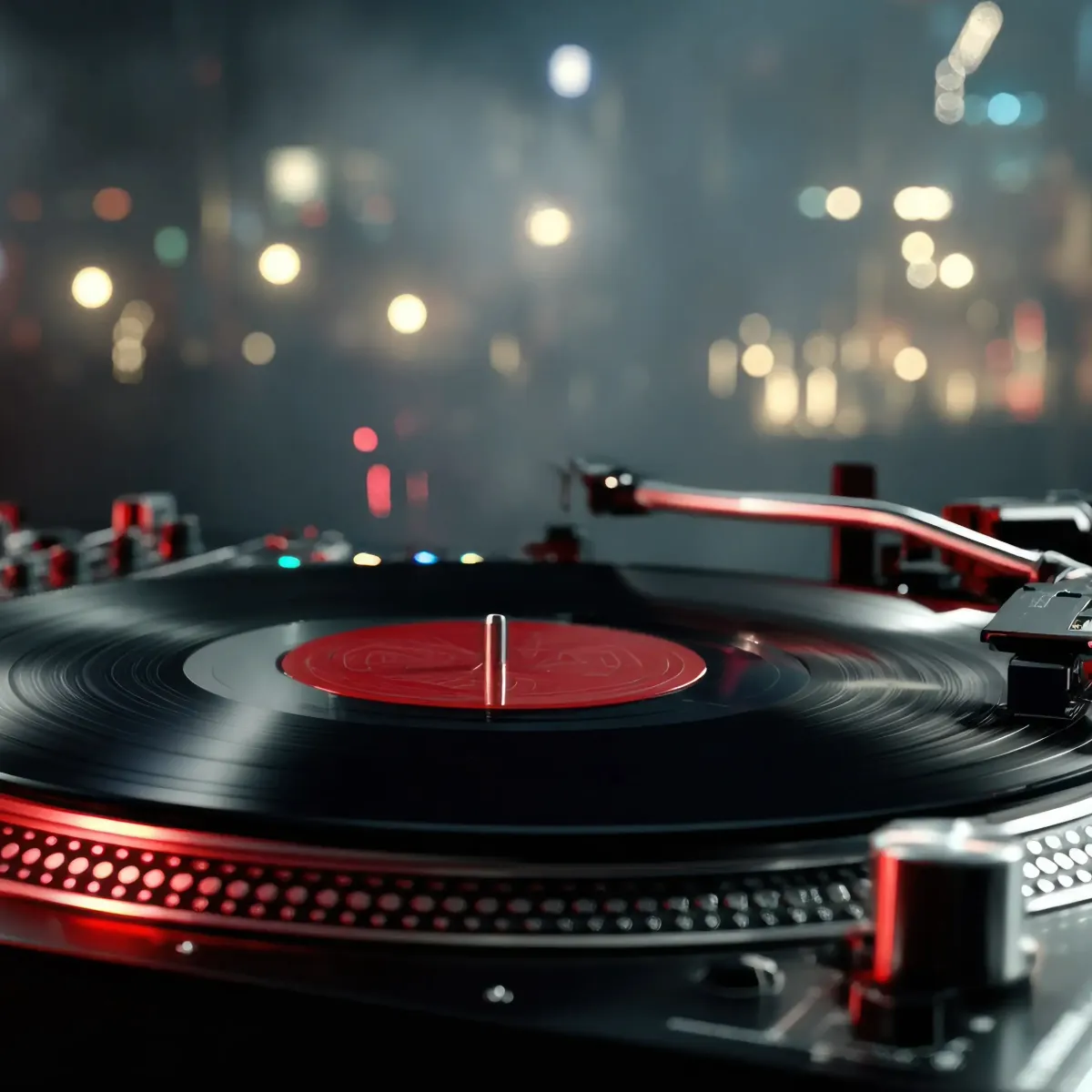 Nærbilde av platespiller med diffus bakgrunn